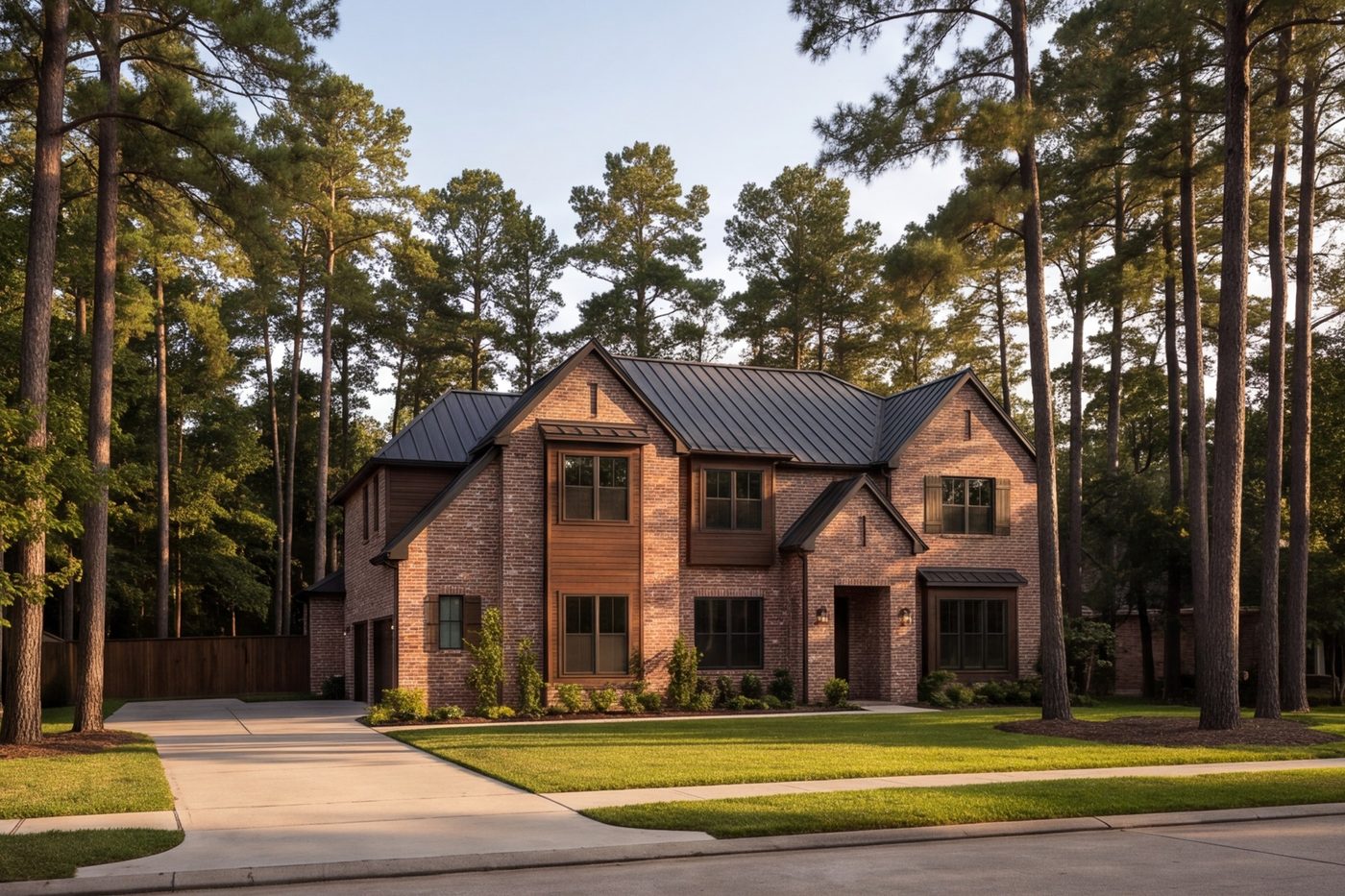 Two-story brick home under tall pines in Spring, Texas