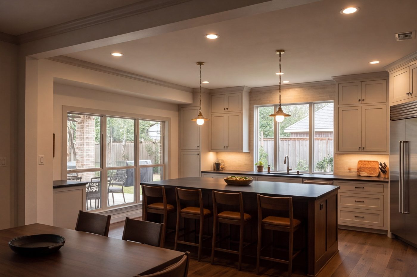 Kitchen seen from the dining room with island seating in evening light