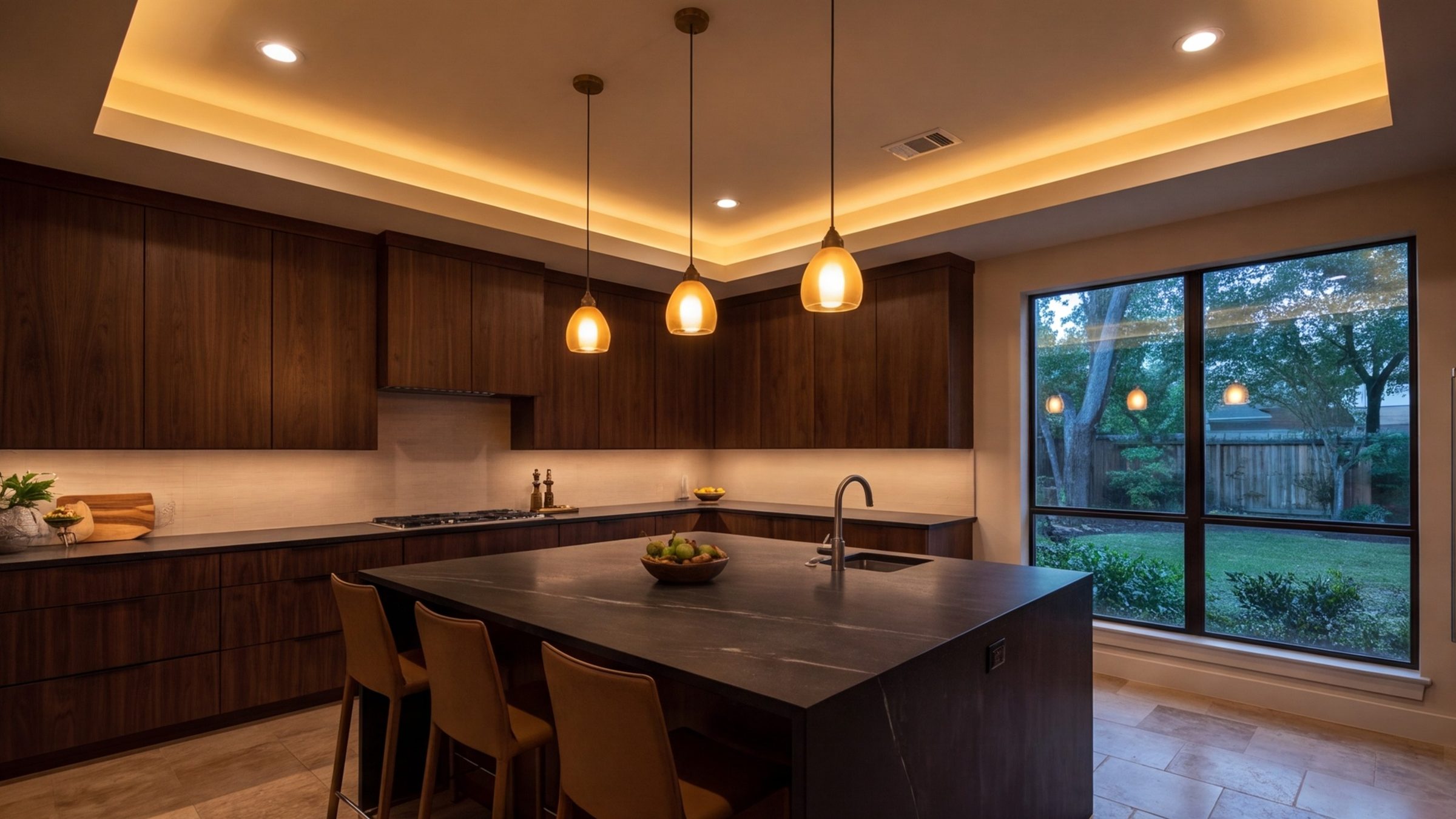 Remodeled kitchen in Spring, Texas with a dark wood island and warm pendant lighting