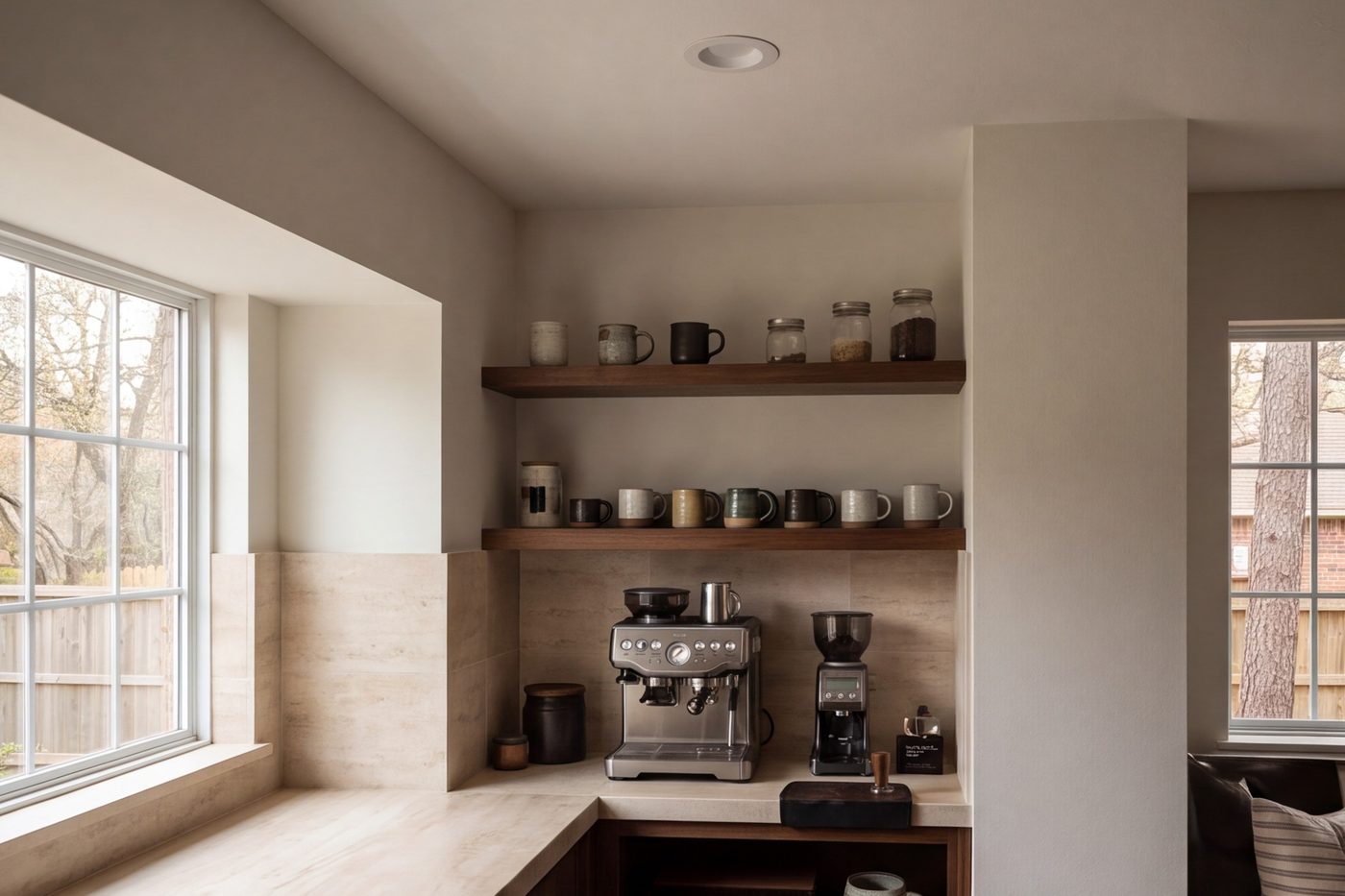 Kitchen corner with a coffee station and open shelving in morning light