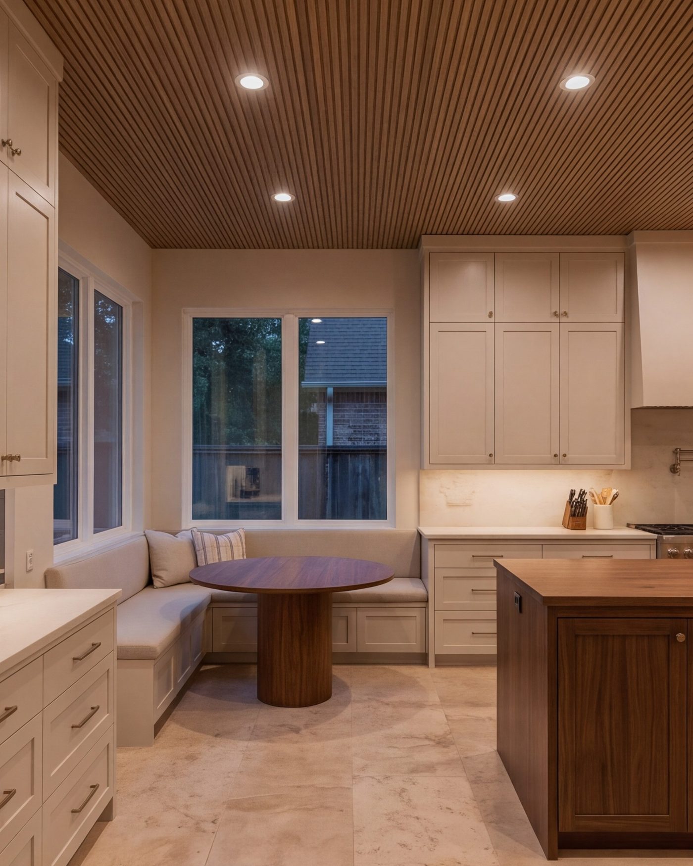 Kitchen with a breakfast nook and a wood-slat ceiling