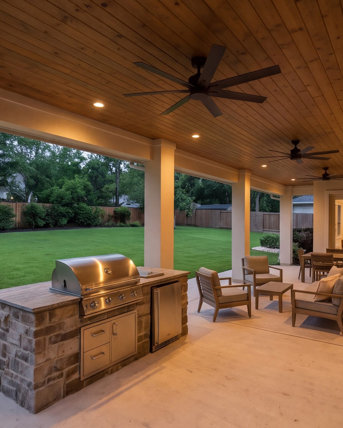 Covered patio with an outdoor kitchen and ceiling fans